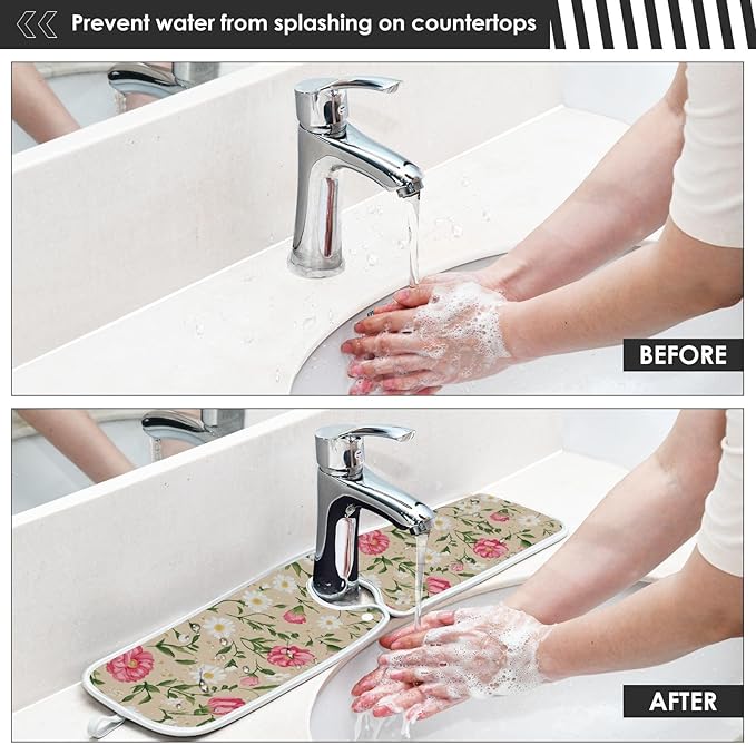 2 PCS Kitchen Sink Splash Guard 30 Inch Faucet Mat for Kitchen Sink Bathroom Sink Faucet Absorbing Drip Drain Mat Pad Microfiber Soft Washable Beige and Pink Carnation
