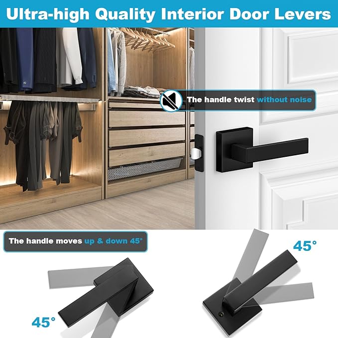 Estmoon 6 Pack Door Handles Matte Black - Passage Door Knobs Interior Square Door Levers, Heavy Duty Non-Locking Leversets Hall Closet Handles, Reversible for Right & Left Sided Doors