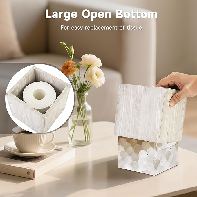 Natural Marble Tissue Box Holder Cover, Square Cube Tissue Box Holder with Open Bottom for Bathroom Vanity Tops, Bedroom Dressers, Kitchen Countertop, Gray Wood Grain (NS035)