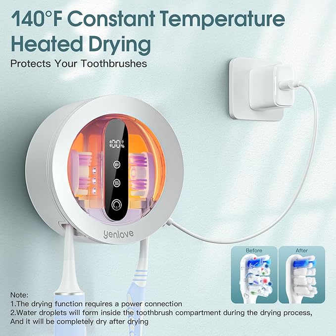 Tooth Brush Holder for Bathroom, Smart Toothbrush Holders Wall Mounted, Toothbrush Cleaner Organizer with LED Screen and Drying Fits Most Electric, Manual and Kids’ Toothbrushes for Home & Travel