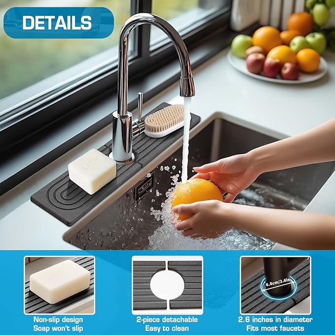 Faucet Mat for Kitchen Sink, Diatomite Quick Drying Tray , Long 23.6'' Kitchen Sink Splash Guard and Bathroom Stone Tray for Counter. Super Absorben. (Dark gray-Rectangle, 15.7" x 4")