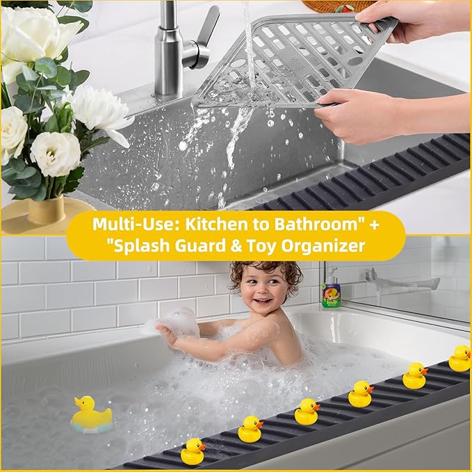 Kitchen Sink Splash Guard with Suction Cups, Kitchen Sink Mat, Non-Slip Silicone Sink Edge Protector, Water Splash Guard for Kitchen, Bathroom, Bathtub (Black, 4*20 in)