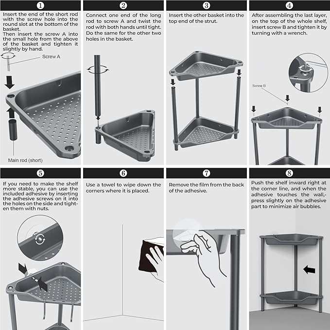 ODesign 2 Tier Floor Standing Corner Shower Caddy Organizer Plastic Metal Splicing Shelf Storage Rack for Bathroom Grey - Rustproof