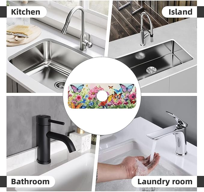 Butterfly Floral Garden 15" X 5.5" Kitchen Sink Splash Guard, Faucet Guard Draining Mat, Faucet Suction Pad For Kitchen Bathroom