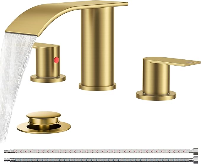 FORIOUS Upgrade Brushed Gold Bathroom Faucets 3 Hole, 8 Inch Widespread Waterfall Bathroom Sink Faucet Two Handle with CUPC Hose and Metal Pop-up Drain for Lavatory, Farmhouse, Rv Remodel