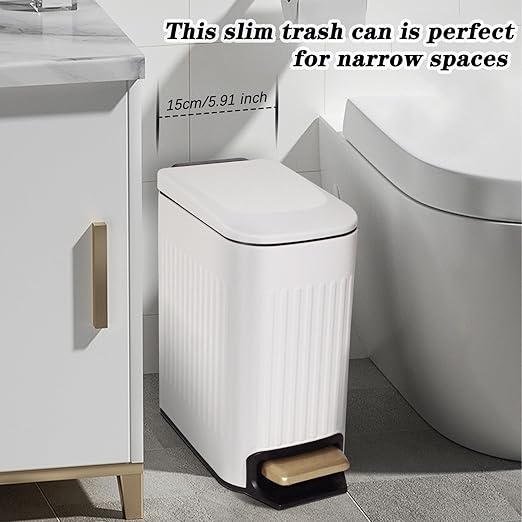 Soddeph Small Narrow Bathroom Trash Can with Lid Bathroom,1.6 Gallon Stainless Steel Wastebasket with Lid Soft Close,Slim Trash Can with Removable Inner Bucket for Toilet, Bedroom,Office (White)
