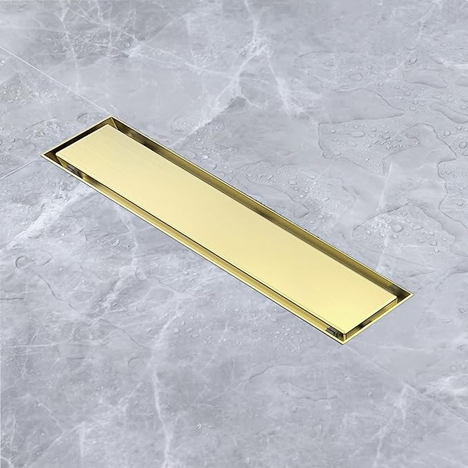 12 Inch Linear Shower Drain Bathroom Kitchen Golden Floor Drain Removable Capsule Pattern Cover Accessories Shower Drain 304 Stainless Steel Drain with Hair Strainer Adjustable Leveling Feet