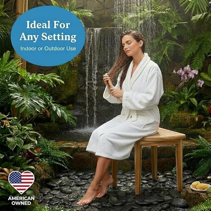 EcoDecors SnazzyCorner Waterproof Teak Wood Shower Bench Stool Seat Chair For Inside Shower Provides Safety, Storage, and Organization For Bathroom Accessories