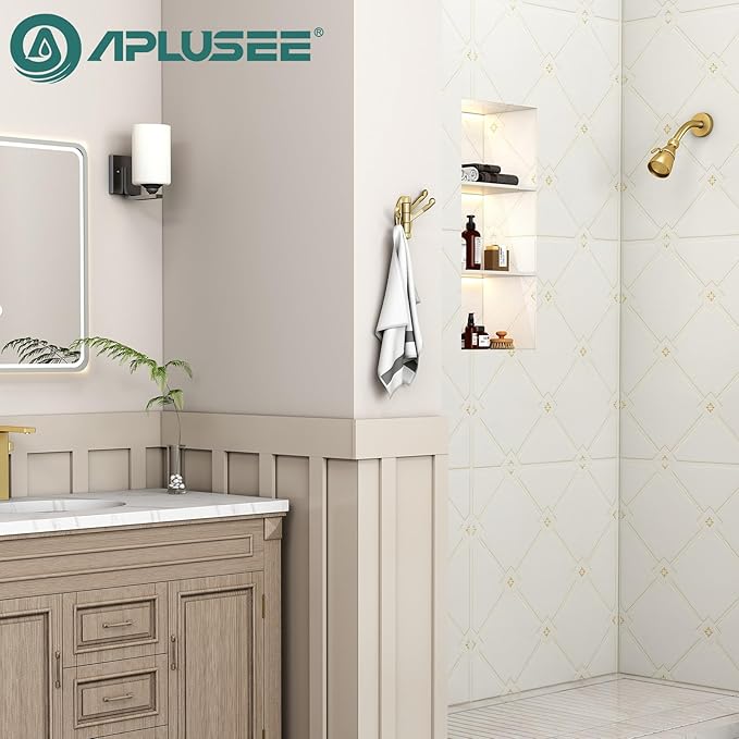 APLusee Swivel Robe Towel Hook 2 PCS Brushed Gold, Metal 3 Arms Folding Clothes Hook, Flexible Bathroom Home RV Storage Holder, Wall Mounted