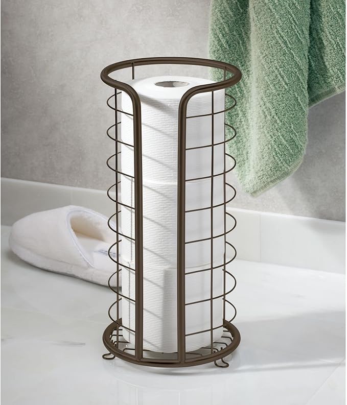 mDesign Metal Toilet Paper Holder Stand - Storage Reserve for 3 Rolls of Toilet Tissue - Freestanding Toilet Paper Holder - Stylish Bathroom Floor Toilet Paper Stand - Omni Collection - Bronze