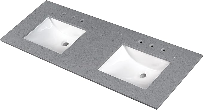 MSI Sparkling Gray Vanity Top with Under Mount Rectangle Double Bowl Ceramic Sinks, Engineered Marble Stone, 4" CC Faucet Holes, 61"X22"