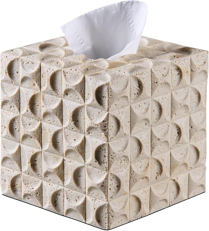 Natural Travertine Textures Tissue Box Cover Square for Home Decor, Relief Sculptured Geometric Cube Resin Heavy Tissue Box Holder for Bathroom Countertop, Tabletop, Night Stand, Office Desk (Beige)