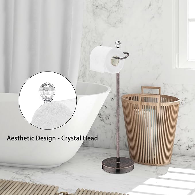 Toilet Paper Roll Holder-Free Standing Toilet Paper Holder Stand for Bathroom Total Height 24.4" with Crystal Ball, Oil Rubbed Bronze