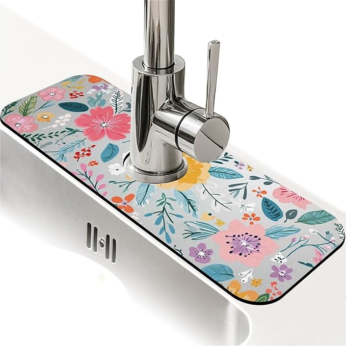 Kitchen Sink Splash Guard，Spring flowers- Faucet Mat Sink Gadgets-Super Absorbent Fast Drying Mat Drip Catcher for Kitchen, Bathroom,Sink Mat, Dish Drying Mat, Bathroom(15" X 5.5" )