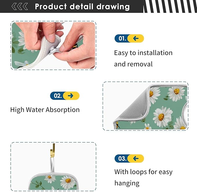 2 PCS Kitchen Sink Splash Guard 14.9 Inch Faucet Mat for Kitchen Sink Bathroom Sink Faucet Absorbing Drip Drain Mat Pad Microfiber Soft Washable Yellow and Green Daisy Bees