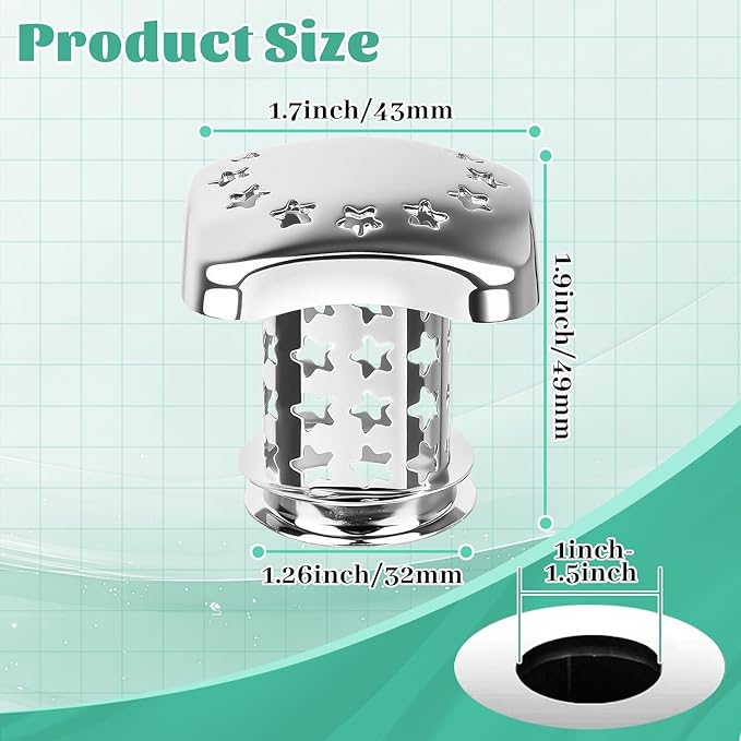 Bathtub Drain Hair Catcher Push Stopper,Stainless Steel Tub Drain Protector,Suitable for US Standard 1in-1.5in Diameter of Drain Hole (Silver)