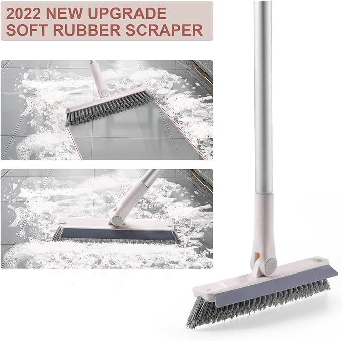 Grout Brush with Long Handle, 2 in 1 Floor Scrub Brush with Squeegee, Shower Scrubber Cleaner Swivel Stiff Bristle for Cleaning Baseboards Tile Floors Bathroom Wall