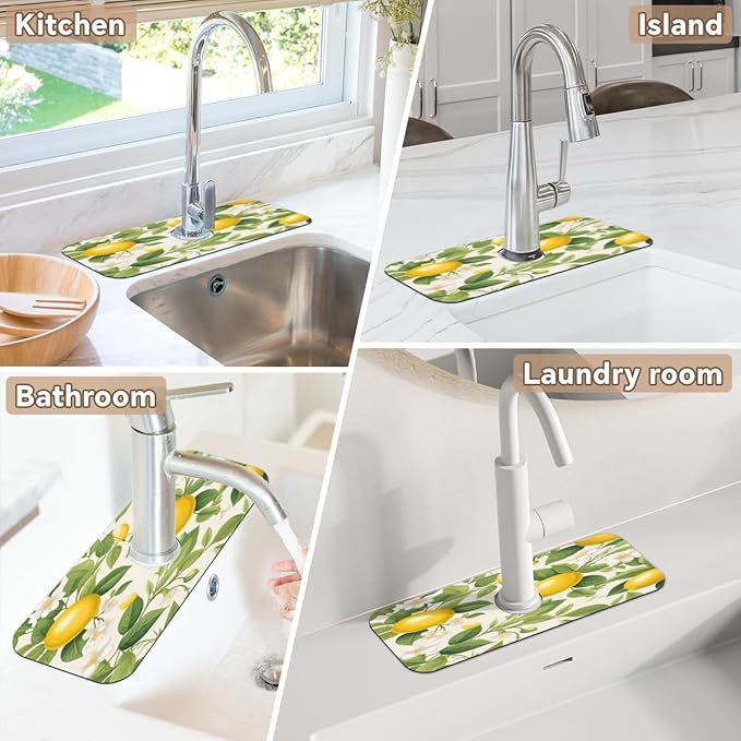 Lemon Blossom Pattern Kitchen Faucet Mat Splash Guard, 15.4”x5.7” Absorbent Quick Drying Sink Mat for Countertop Protection, Draining Mat Sink Protectors For Kitchen Bathroom, 2 Pack