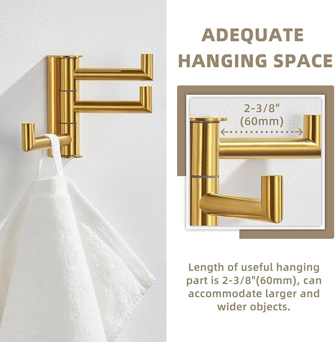 Suyar Brushed Gold Towel Hook, SUS 304 Stainless Steel Bathroom Coat Robe Holder with 3 Swivel Arms, Wall Hook for Kitchen Entry Garage