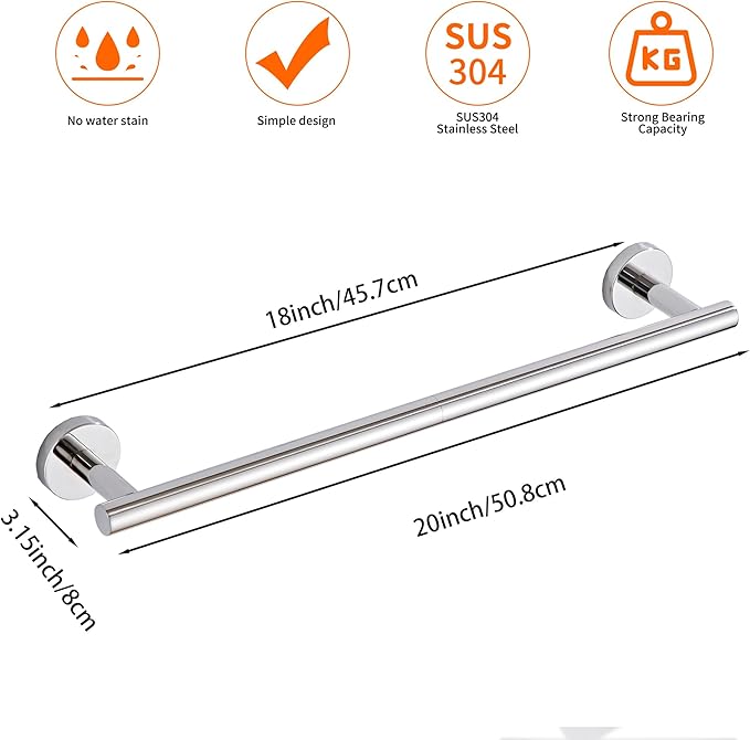 Bathroom Towel Bar, 18-Inch Towel Rack for Bathroom Wall Mounted, Chrome Thicken SUS304 Stainless Steel Towel Rod Modern Home Decor(Total Length 20-Inch)