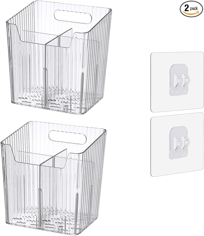 Set Of 2 Storage Organizer Bins Wall Mounted Shower Caddy, Bathroom shelves Stackable Clear Plastic Toothbrush Holder Adhesive Hanging Bin for Bathroom, Kitchen, Cabinet, Shower BPA Free Small (Clear)