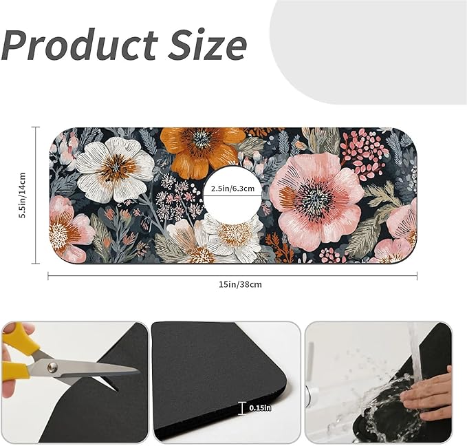 Kitchen Sink Splash Guard，Pink and orange flowers Faucet Mat Sink Gadgets-Super Absorbent Fast Drying Mat Drip Catcher for Kitchen, Bathroom,Sink Mat, Dish Drying Mat, Bathroom(15" X 5.5" )