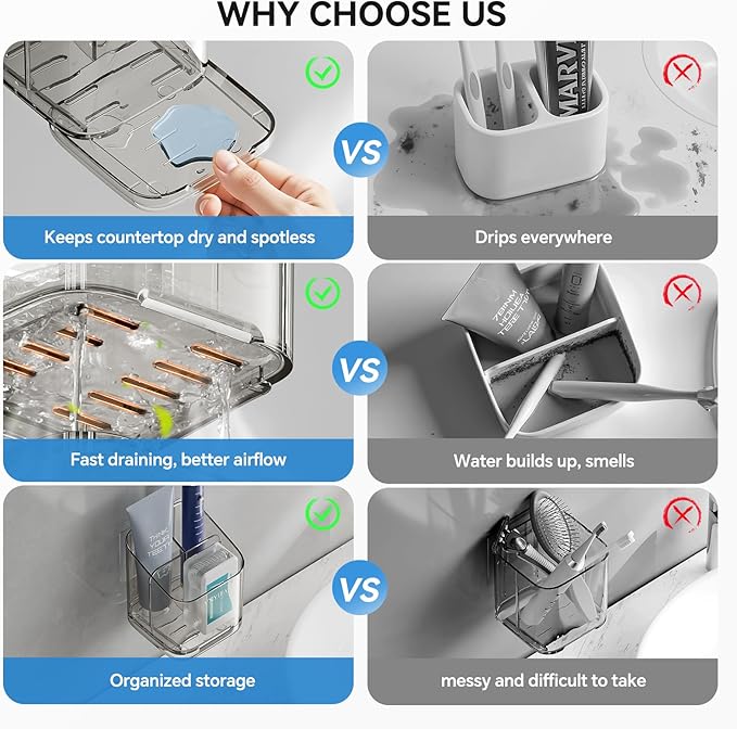 Toothbrush Holders for Bathrooms, 3 Slots Detachable Electric Toothbrush Holder Wall Mounted with Divider, Removable Tooth Brush and Toothpaste Holder Organizer for Bathroom/Kitchen/Office