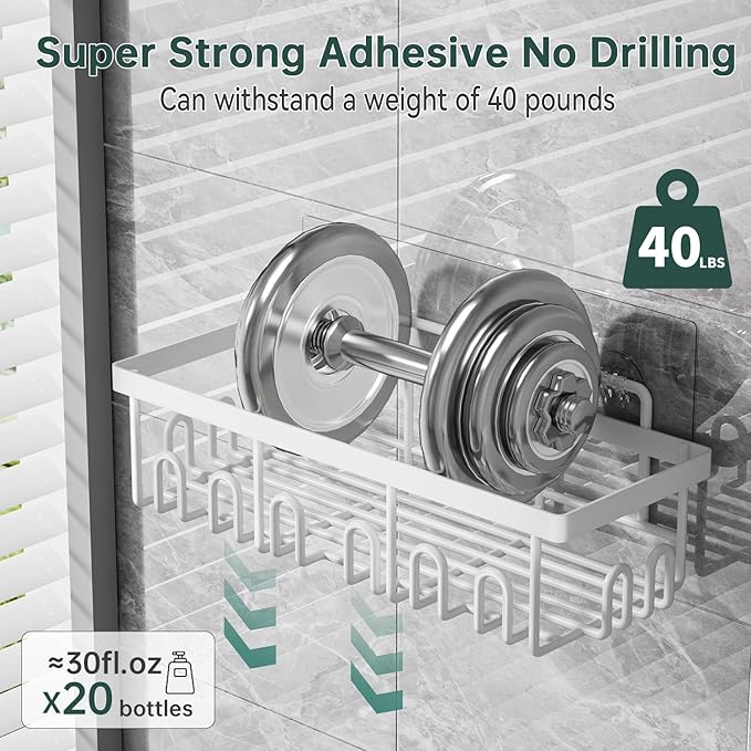 5-Pack Adhesive Shower Caddy, Rustproof Stainless Steel Organizer for Bathroom Storage with Large Capacity, No Drilling Bathroom Caddy with Soap Toothbrush Holder for Kitchen Home White