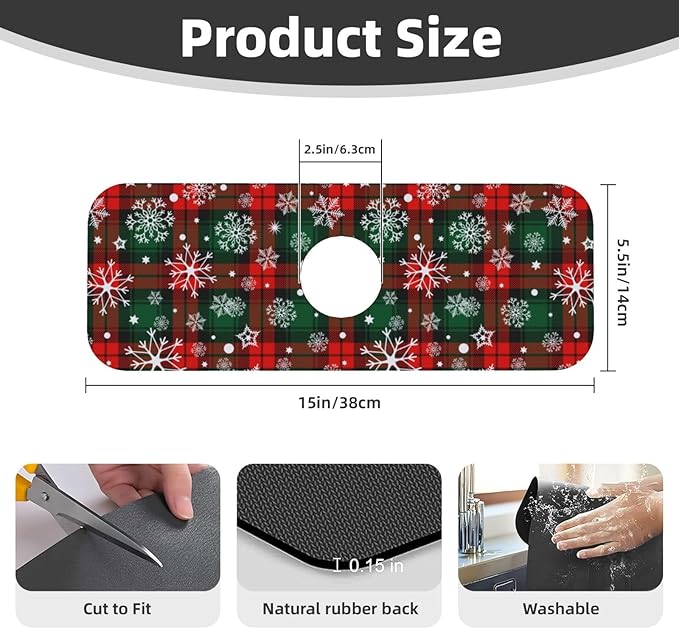 Merry Christmas Snowflakes Red Green Lattice Plaid Kitchen Sink Splash Guard Faucet Mat 1 Pcs, Absorbent Fast Drying Mat Gadgets Splash Guard For Bathroom 15 X 5.5 Inches
