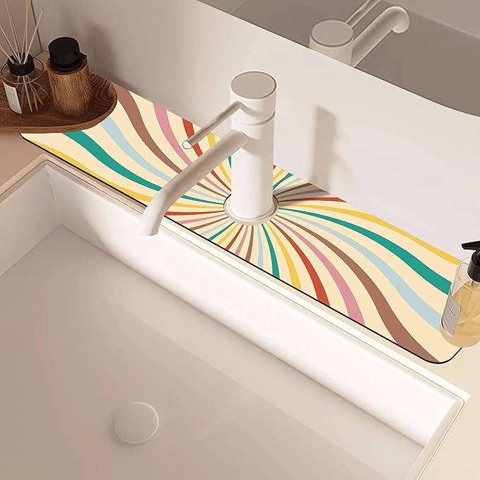 Groovy Retro Swirl Kitchen Sink Splash Guard Mat Absorbent Fast Drying Mat Faucet Draining Mat Sink Splash Guard Behind Faucet Drip Catcher for Kitchen Bathroom 5.5"×24"