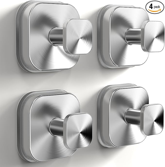 4Pack Suction Cup Hooks for Shower, Bathroom, Glass Door – Heavy Duty Waterproof Suction Hooks for Towel, Loofah, Bath Robe and Wreath Hanging – No Drill Removable Hook, Brushed Silver