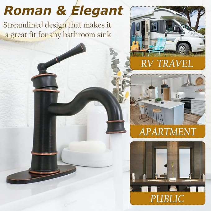 Roman Bathroom Sink Faucet ORB Single Hole Deck-Mount Pop-up Drain Assembly with Overflow Deck Plate and Water Supply Lines Included