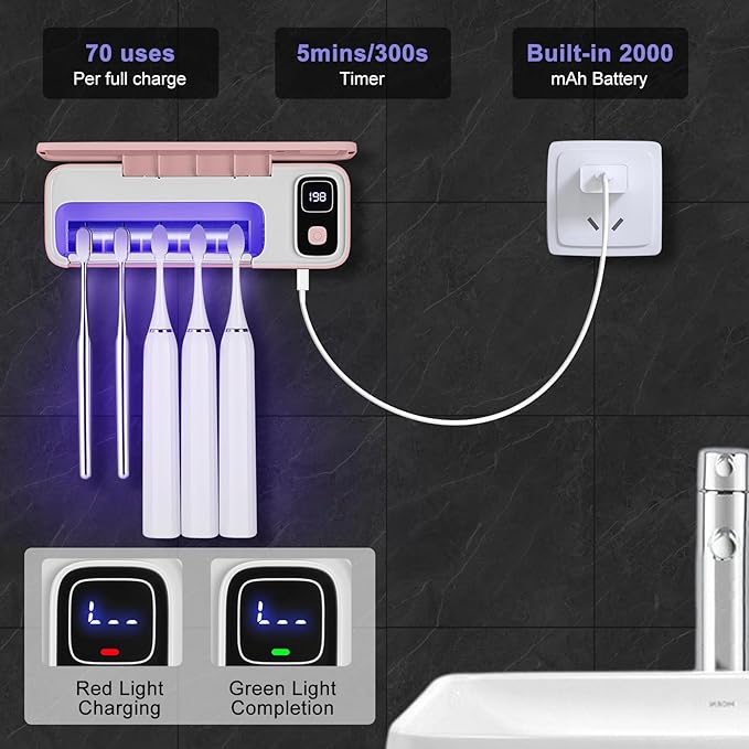 Toothbrush San itizer Holders Wall Toothbrush San itizer Holder with Light, 5 Slots Toothbrush Holder Rechargeable Toothbrush Cleaner Case Cover Toothbrush Holder with Air Dry for Bathroom (Pink)