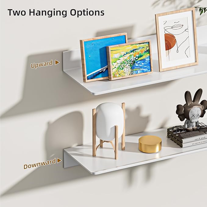 White Metal Floating Shelf 2-Piece Set, Adhesive Wall Shelves in Thickened Aluminium Wall Mounted Shower Caddy, Ideal for Display & Storage in Living Room, Bedroom, Bathroom (11.7")