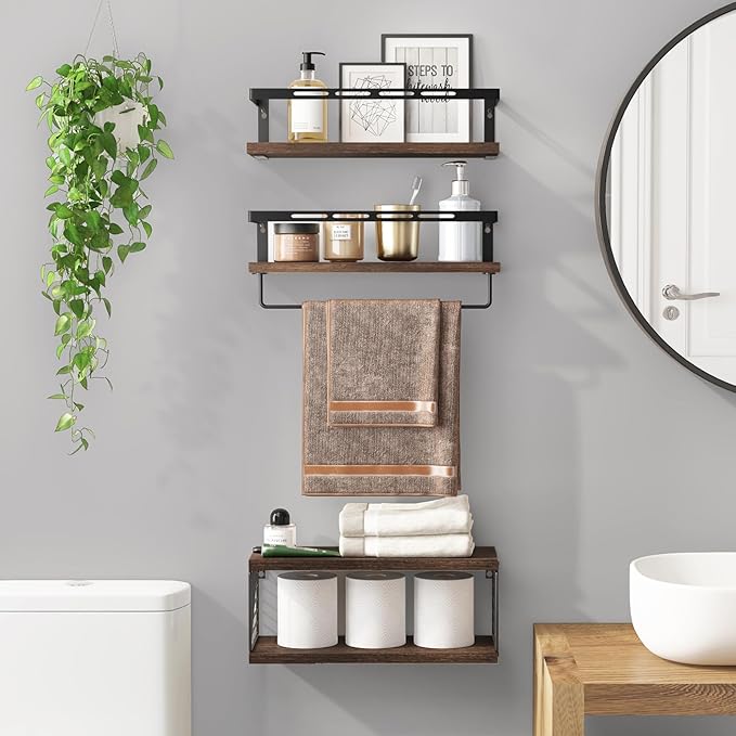 Fixwal 3+1 Tier Wall Mounted Bathroom Shelves Over Toilet, Rustic Wood Floating Shelves with Metal Frame and Towel Bar for Bathroom, Kitchen, Bedroom, Living Room (Dark Brown)