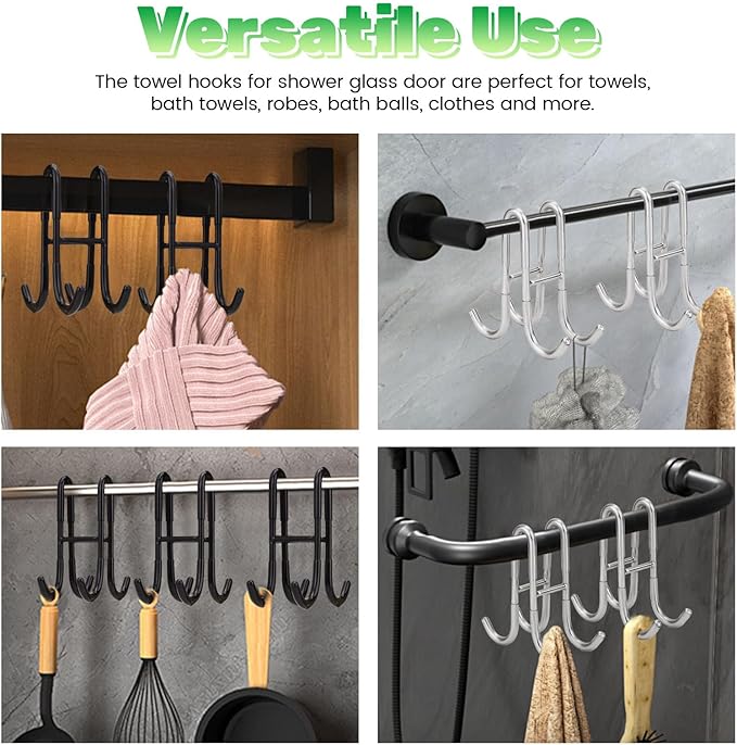 2 Pack Double-Sided Towel Hooks for Shower Door, 304 Stainless Steel, Over Bathroom Frameless Glass Door Rack Hooks for Loofah Robe Shaver, Silver