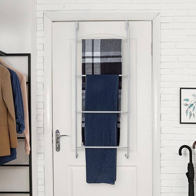 MyGift 4 Rung White Metal Ladder Over The Door Towel Rack - Bathroom Towel Holder, Space Saving Over Shower Door Drying Rack for Towels & Blankets