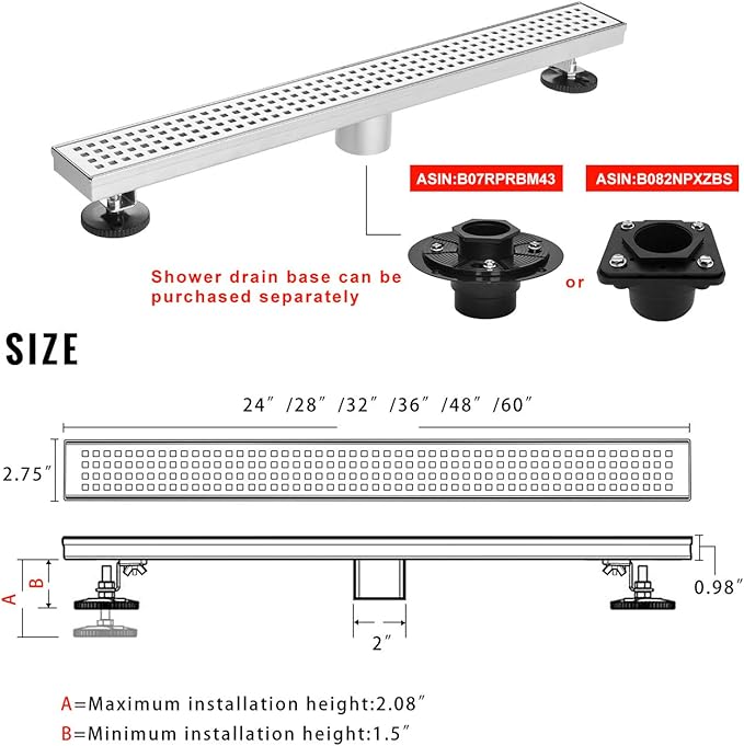 SaniteModar Linear Shower Drain, 72 inch Shower Drain with Removable Square Hole Panel by Using Brushed 304 Stainless Steel Process, Linear Drain Equipped with Adjustable Feet and Hair Strainer
