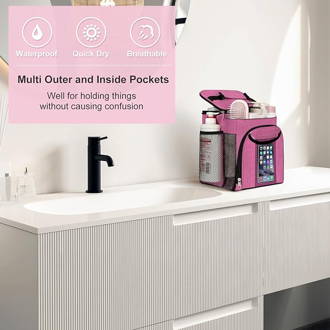 Attmu Mesh Shower Caddy Portable for Dorm College Essentials, Large Capacity Separate Compartment Hanging Toiletry Bag for College Student Camping Gym Travel Essentials (Pink)