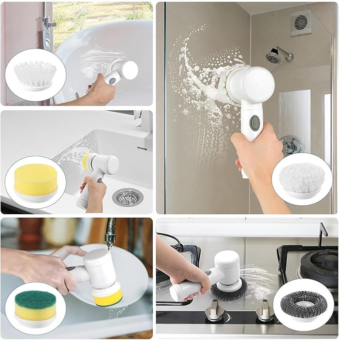 Electric Cleaning Brush, Rechargeable Multifunctional Scrubber for Kitchen and Bathroom, IPX6 Waterproof, 350rpm High Speed, 1500mAh Battery, with Multiple Brush Heads (grey, 5 brush heads)