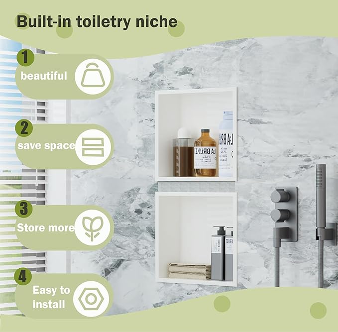 Stainless Steel Shower Niche 12"x12"，Shower Inserts Kit for Bathroom ， Recessed Shower Shelf Organizer for Storage Matte White （12"x12"）