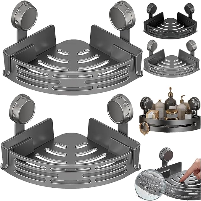 2026 New Suction Cup Corner Shower Shelf, No-Drill Bathroom Corner Shelf Strong, Waterproof Suction Cup, Bathroom Organizers and Storage Countertop for Bathroom Kitchen (Grey-2PCS)