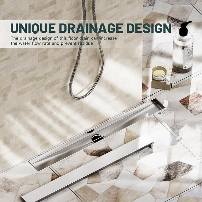 24-Inch Linear Shower Floor Drain, Stainless Steel Bathroom Floor Drains, Rectangular Shower Trench Floor Drain, Hair Strainer, Brushed Nickel