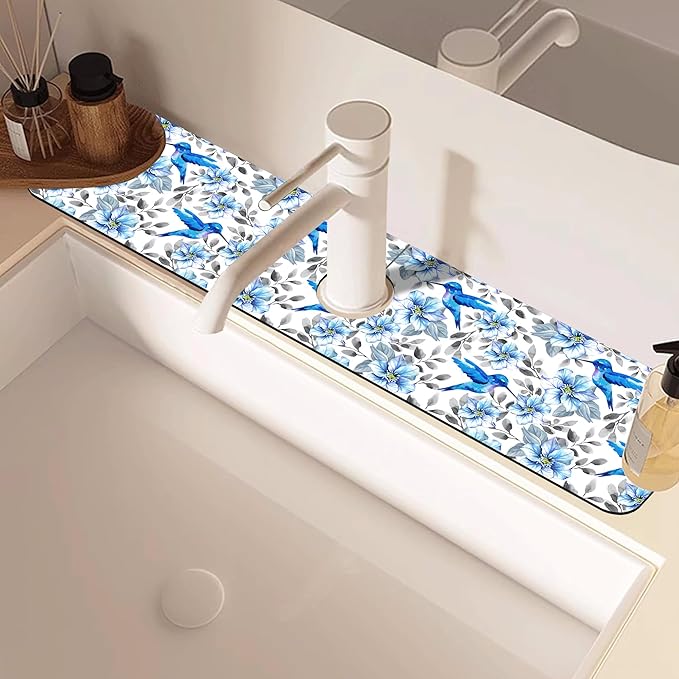 Kitchen Sink Splash Guard Faucet Mat Blue Floral and Hummingbird Absorbent Fast Drying Mat Faucet Draining Mat Sink Splash Guard Behind Faucet Drip Catcher for Kitchen Bathroom 24" X 5.5"