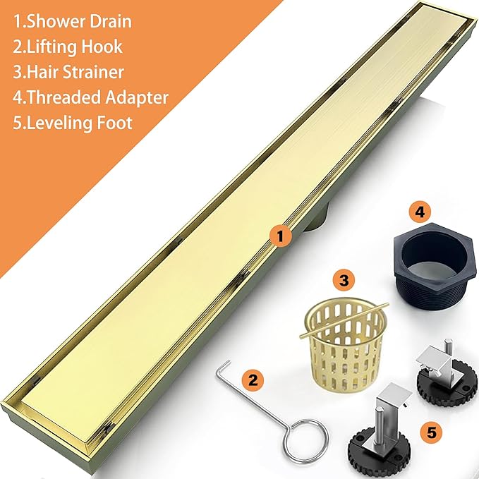 36 Inch Linear Shower Drain Bathroom Kitchen Golden Floor Drain Removable Capsule Pattern Cover Accessories Shower Drain 304 Stainless Steel Drain with Hair Strainer