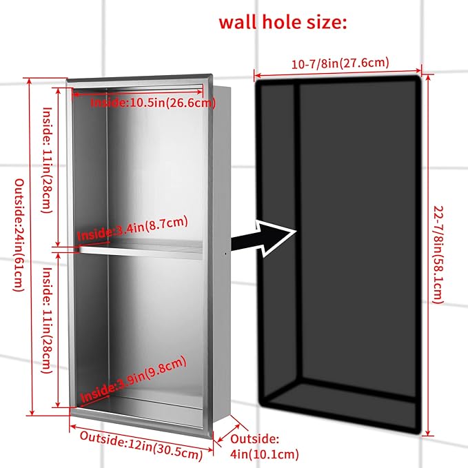 12"×24" Shower Niche with Divider, Brushed Stainless Steel Bathroom Shelf Insert, Double Recessed Shower Caddy Fits for 10-7/8" x 22-7/8" Wall Hole Installation (Nickel)