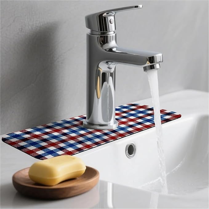 Kitchen Sink Splash Guard，Red white blue gingham Faucet Mat Sink Gadgets-Super Absorbent Fast Drying Mat Drip Catcher for Kitchen, Bathroom,Sink Mat, Dish Drying Mat, Bathroom(15" X 5.5" )