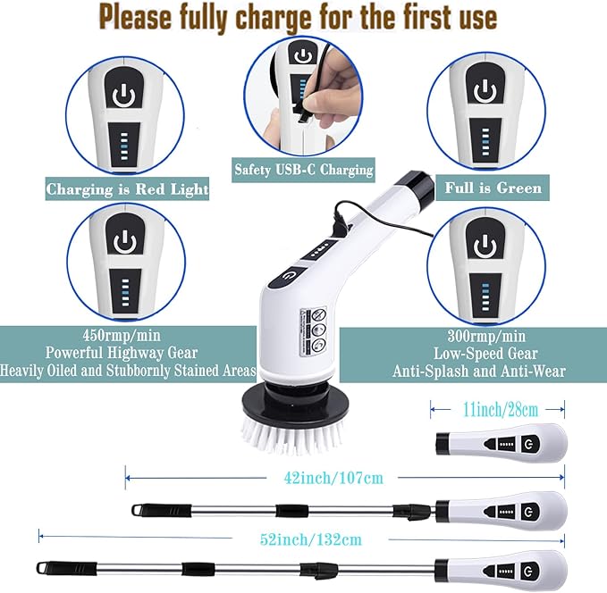 Electric Spin Scrubber,Cordless Cleaning Brush Set 3-in-1 Adjustable Detachable Exten Handle,2 Speeds,Handheld Shower Scrubber & 9 Replaceable Brush Head,2024 New Power Dirt Brush for Kitchen,Bathroom