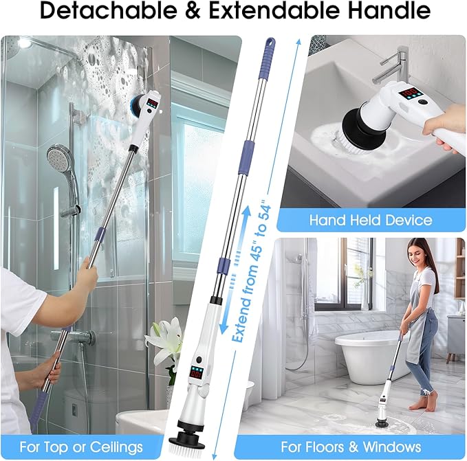 Electric Spin Scrubber, Shower Scrubber with Long Handle & 3 Speeds, 5200mAh Rechargeable Cordless Power Scrubber, Retractable & Adjustable Angle Spin Brush for Bathroom/Tub/Floor/Tile (Blue)