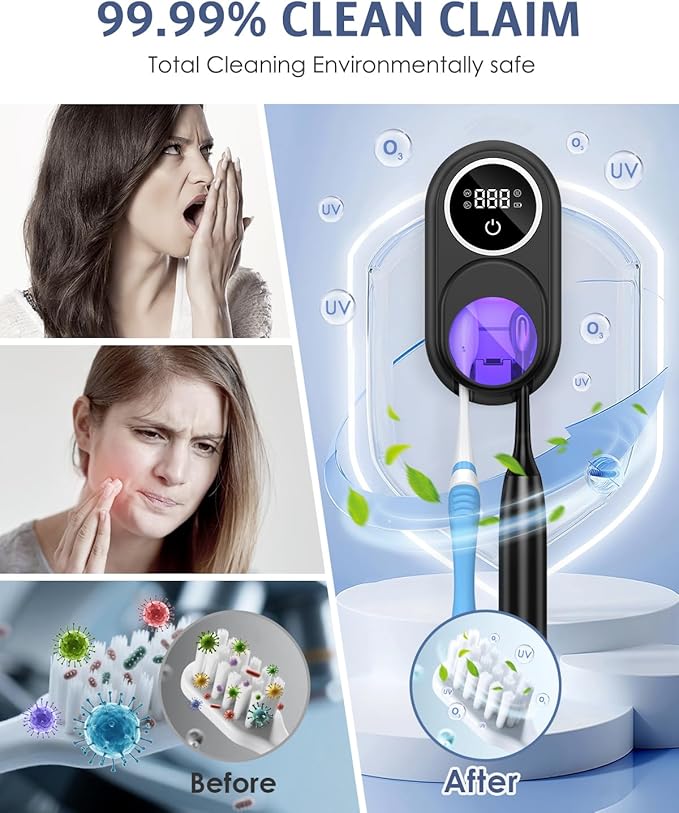 Toothbrush Sanitizer Holder, Upgraded UV Toothbrush Holder with Dual-Mode Clean & Fan Dry, LED Smart Screen, Auto-Inductive Cover, Toothbrush Wall Mounted Cleaner Organizer for Bathroom, Trip